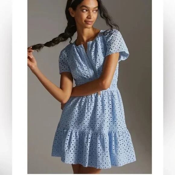 Anthropologie Medium Somerset Mini Dress Eyelet Edition Light Blue - Picture 1 of 7